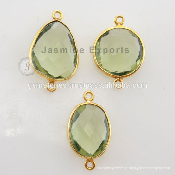 925 Sterling Silver Vermeil Gold Plated Green Amethyst Bezel Set Conectores